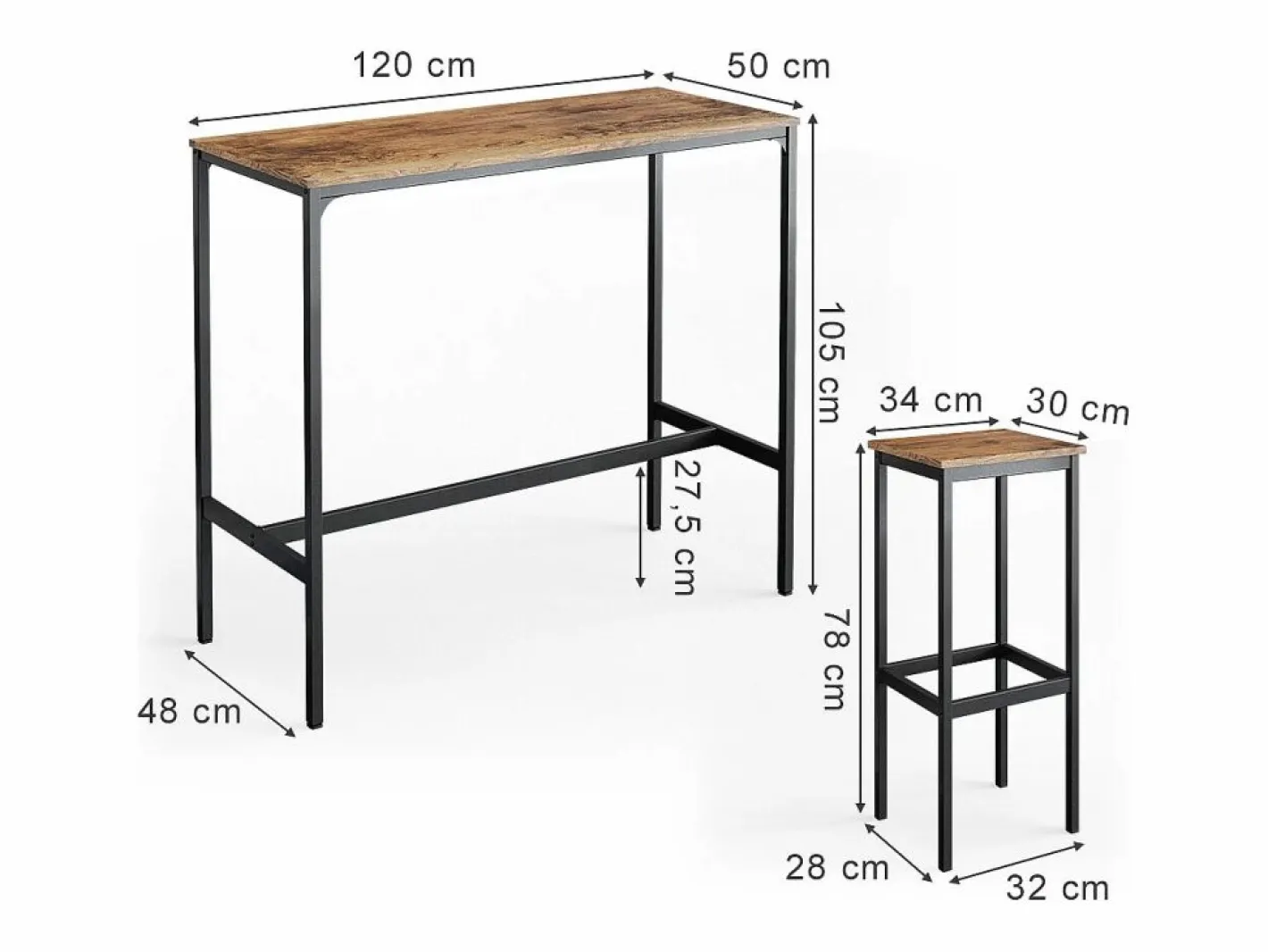 Vicco Mueble Bar|Set de mesa de bar madera antigua 120x50x105 fyrk