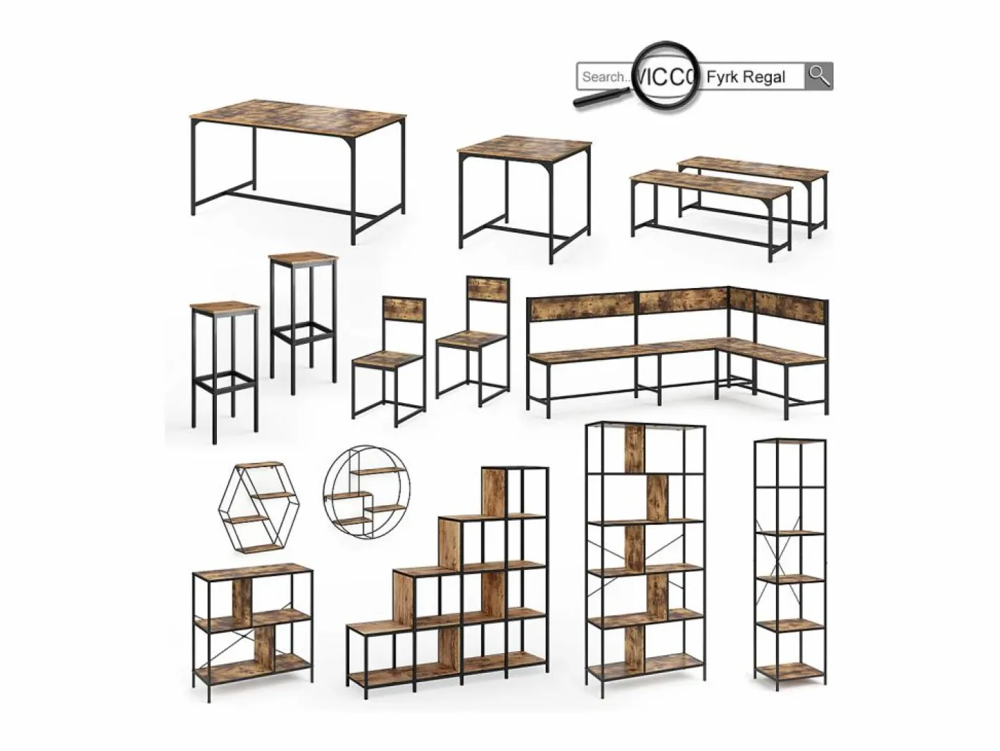 Vicco Mueble Bar|Set de mesa de bar madera antigua 120x50x105 fyrk