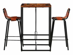 vidaxl Set muebles bar 3 pzas madera reciclada cuero cabra auténtico Color natural claro New
