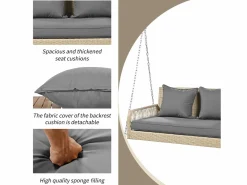 Silla colgante de ratán PE 114 cm - 2 plazas - Cojín de asiento acolchado de 11 cm - Beige +^Merax New