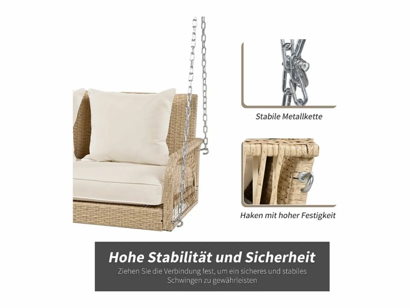 Silla colgante de ratán PE 114 cm - 2 plazas - Cojín de asiento acolchado de 11 cm -^Merax Best
