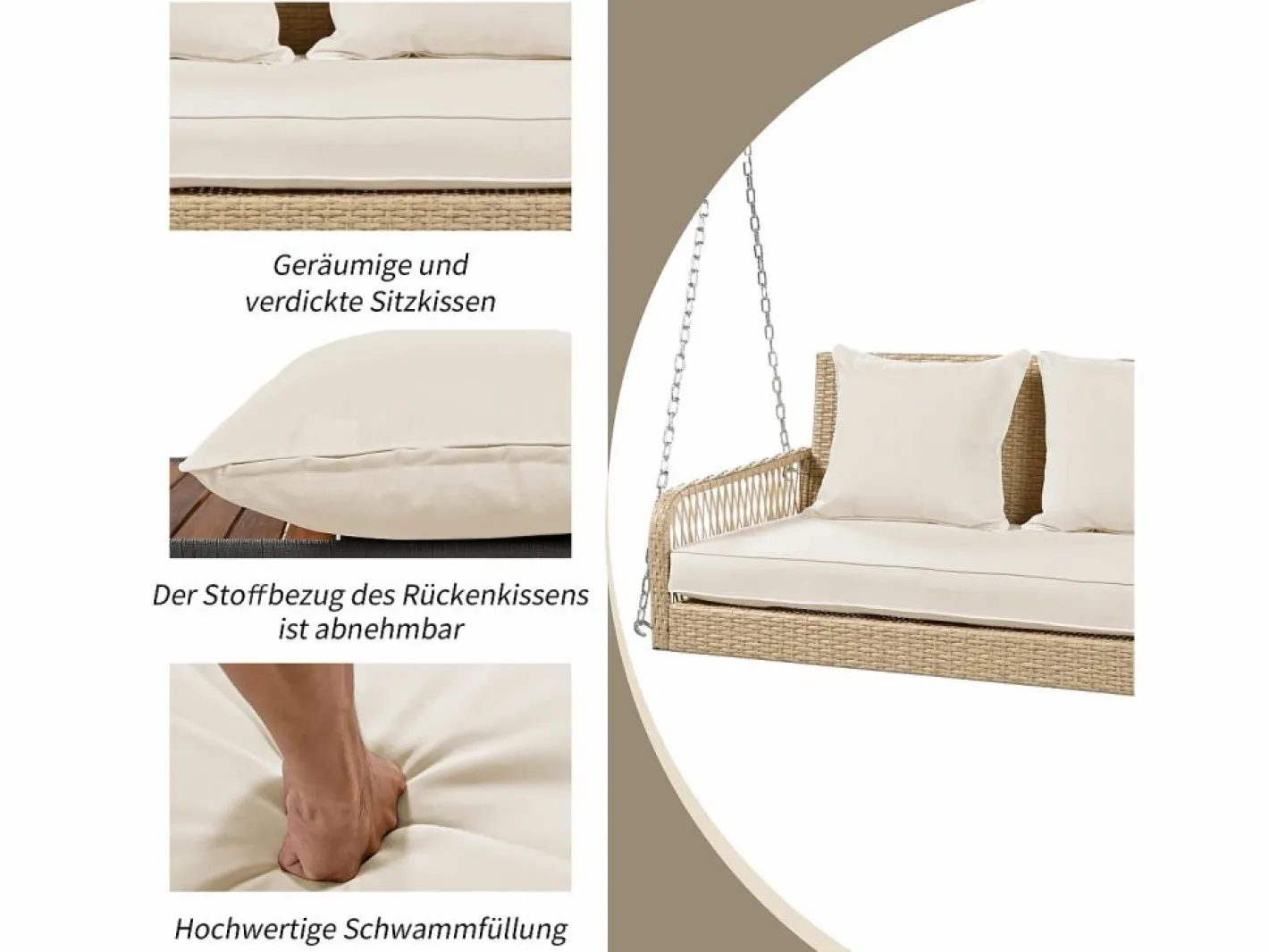 Silla colgante de ratán PE 114 cm - 2 plazas - Cojín de asiento acolchado de 11 cm -^Merax Best