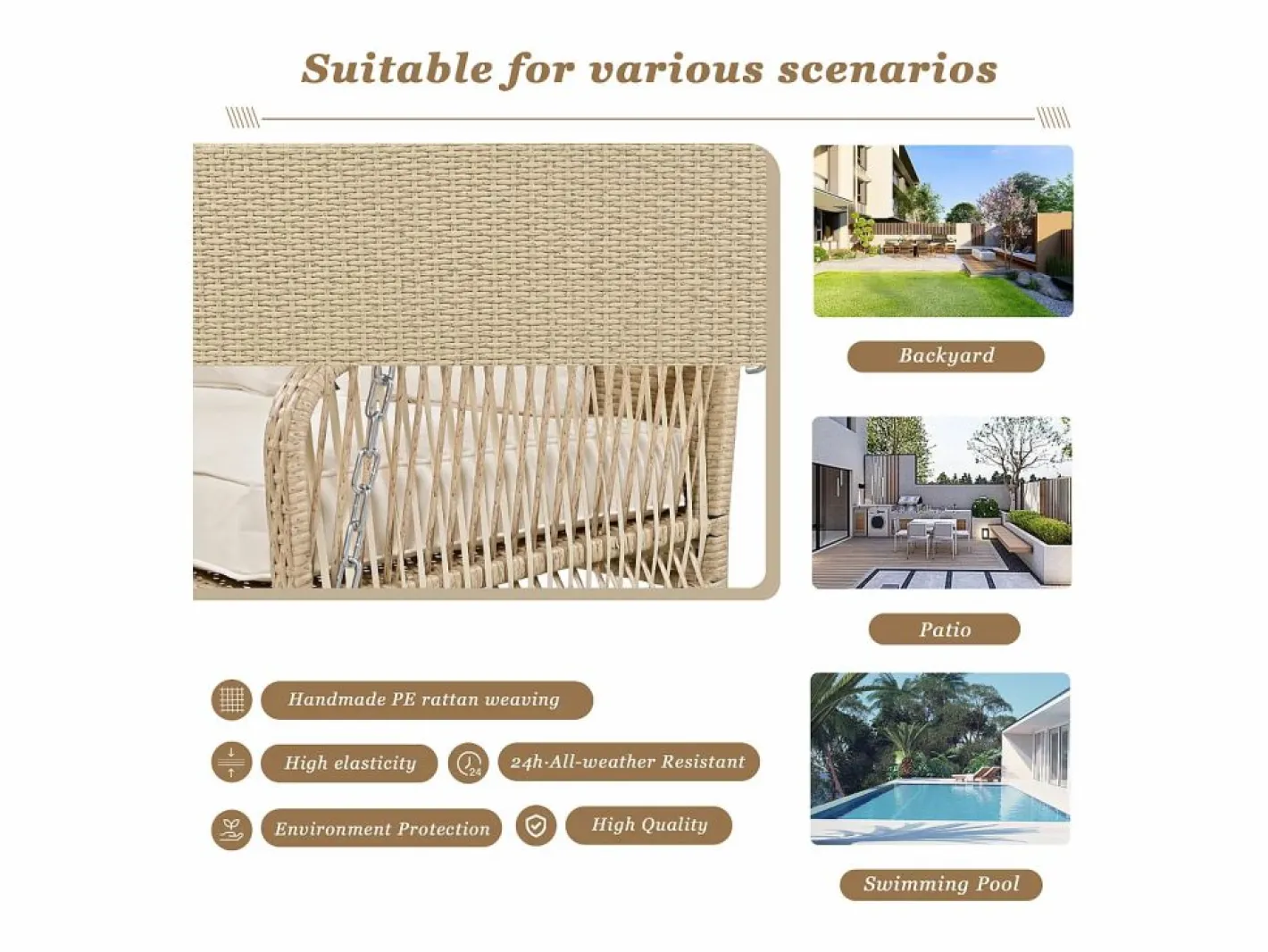 Silla colgante de ratán PE 114 cm - 2 plazas - Cojín de asiento acolchado de 11 cm -^Merax Best