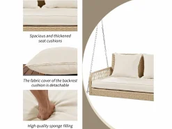 Silla colgante de ratán PE 114 cm - 2 plazas - Cojín de asiento acolchado de 11 cm -^Merax Best