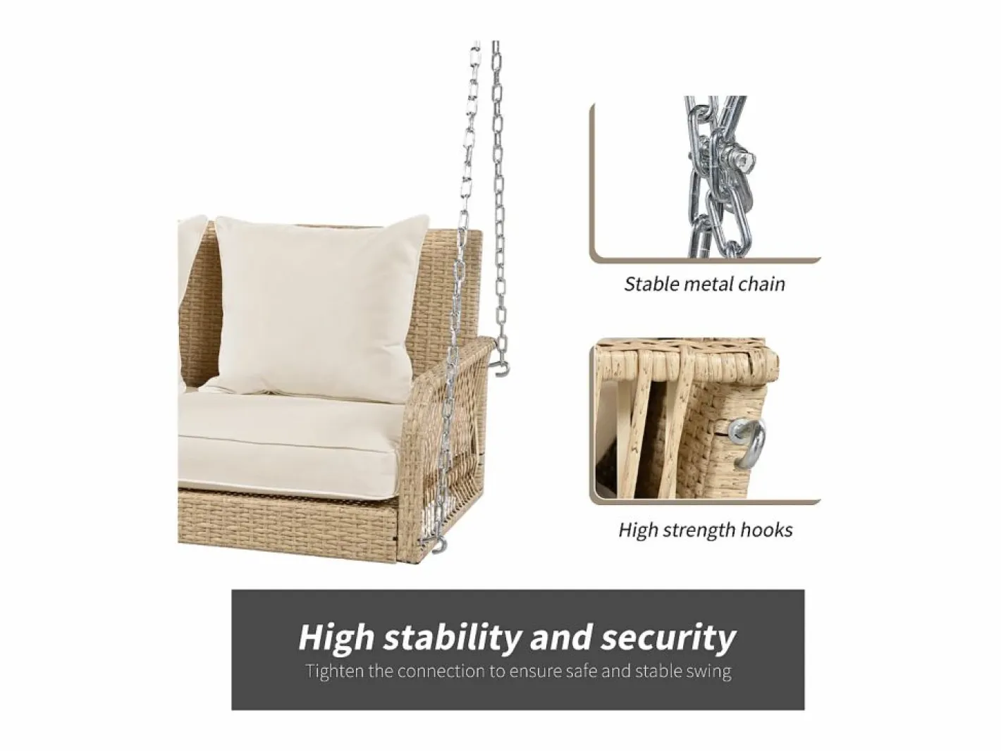 Silla colgante de ratán PE 114 cm - 2 plazas - Cojín de asiento acolchado de 11 cm -^Merax Best