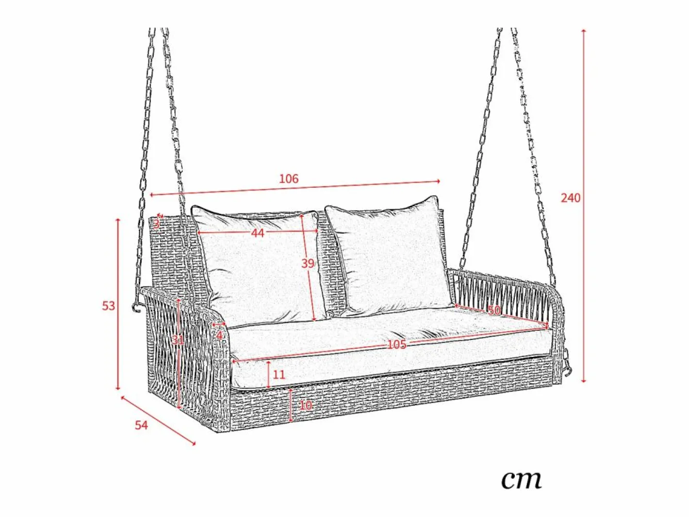 Silla colgante de ratán PE 114 cm - 2 plazas - Cojín de asiento acolchado de 11 cm -^Merax Best