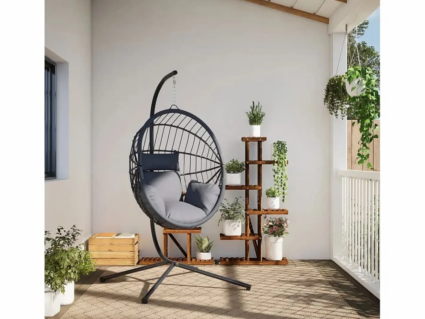 Silla colgante huevo con soporte ratán y acero ES136832^ New