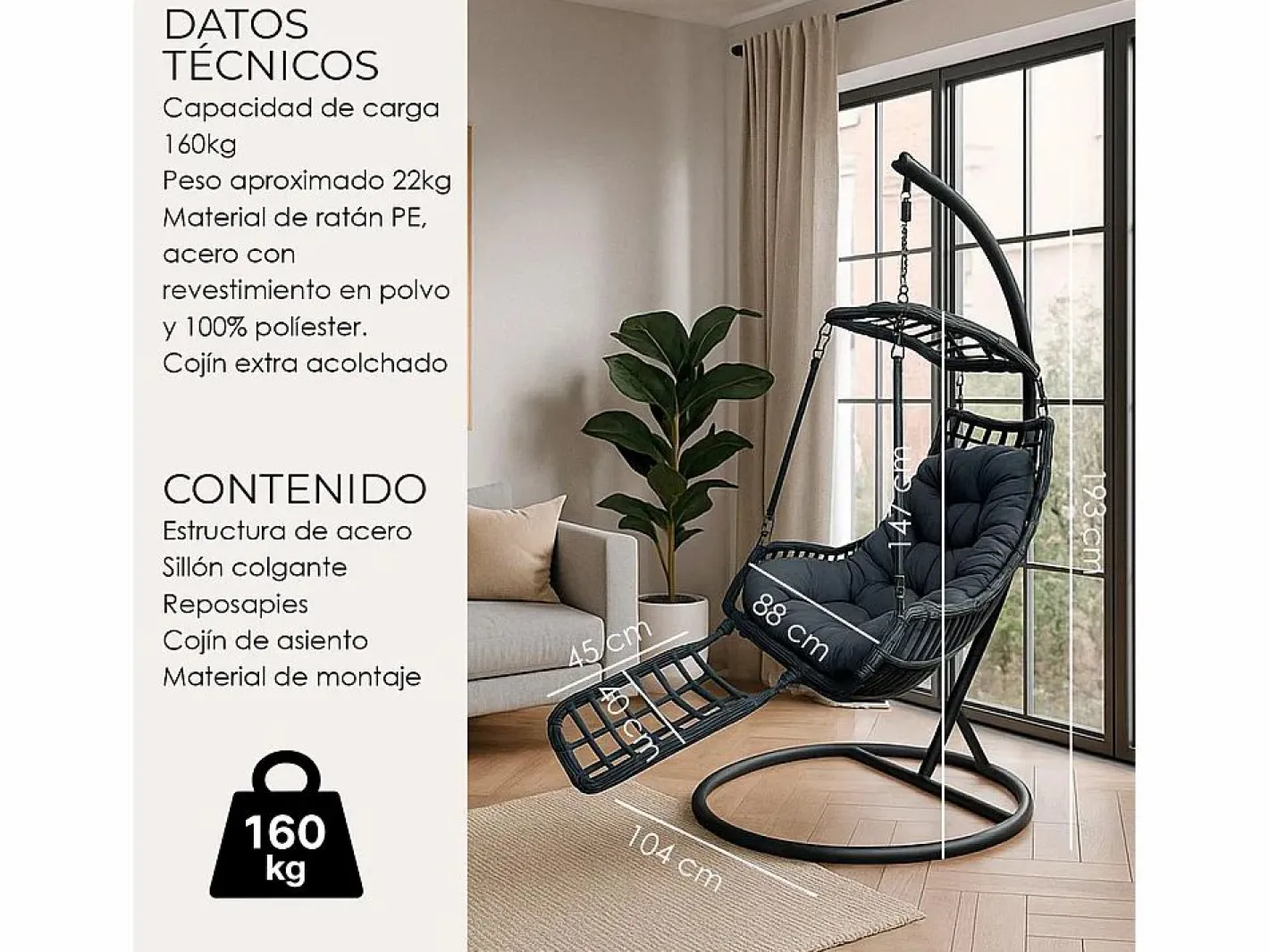 Silla Colgante Yoevu - con reposapiés para interior y exterior - YV-RELAXCHAIR^ Clearance
