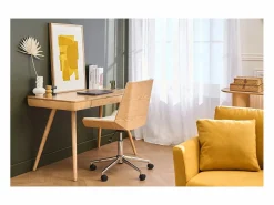 Miliboo Silla de escritorio moderna PU blanca y madera clara MELKIOR Blanco Outlet