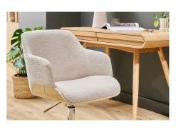 Miliboo Silla de oficina con ruedas de tela chenilla , madera clara y metal cromado EARL Beige Sale
