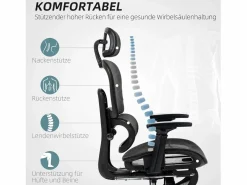 Silla de oficina ergonómica con soporte lumbar, reposacabezas, reposabrazos, tejido de malla, color (66x64x122 cm) Negro