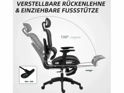Silla de oficina ergonómica con soporte lumbar, reposacabezas, reposabrazos, tejido de malla, color (66x64x122 cm) Negro