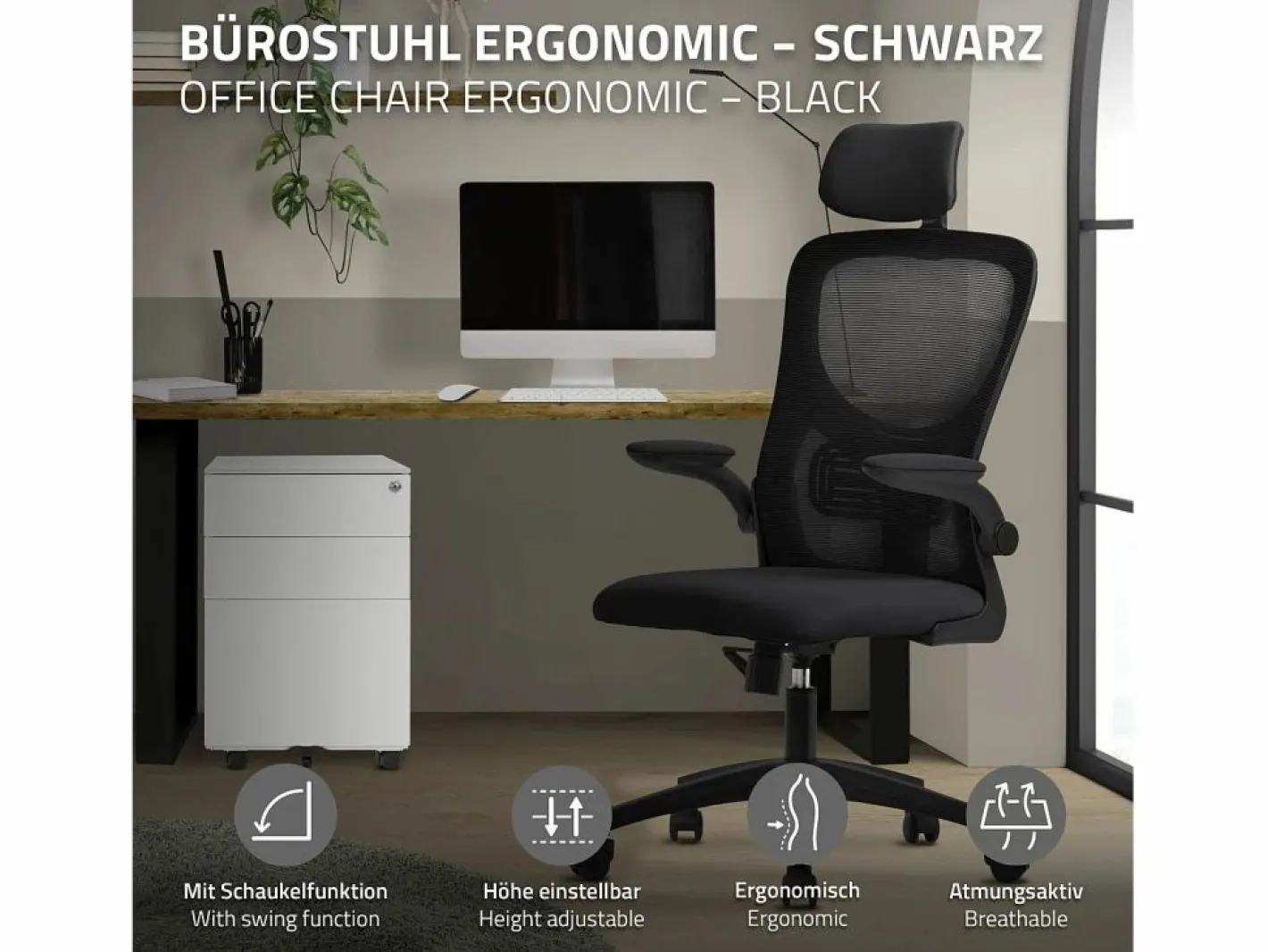 ML-DESIGN Silla de oficina ergonomica, asiento ordenador regulable con reposacabezas Negro Clearance