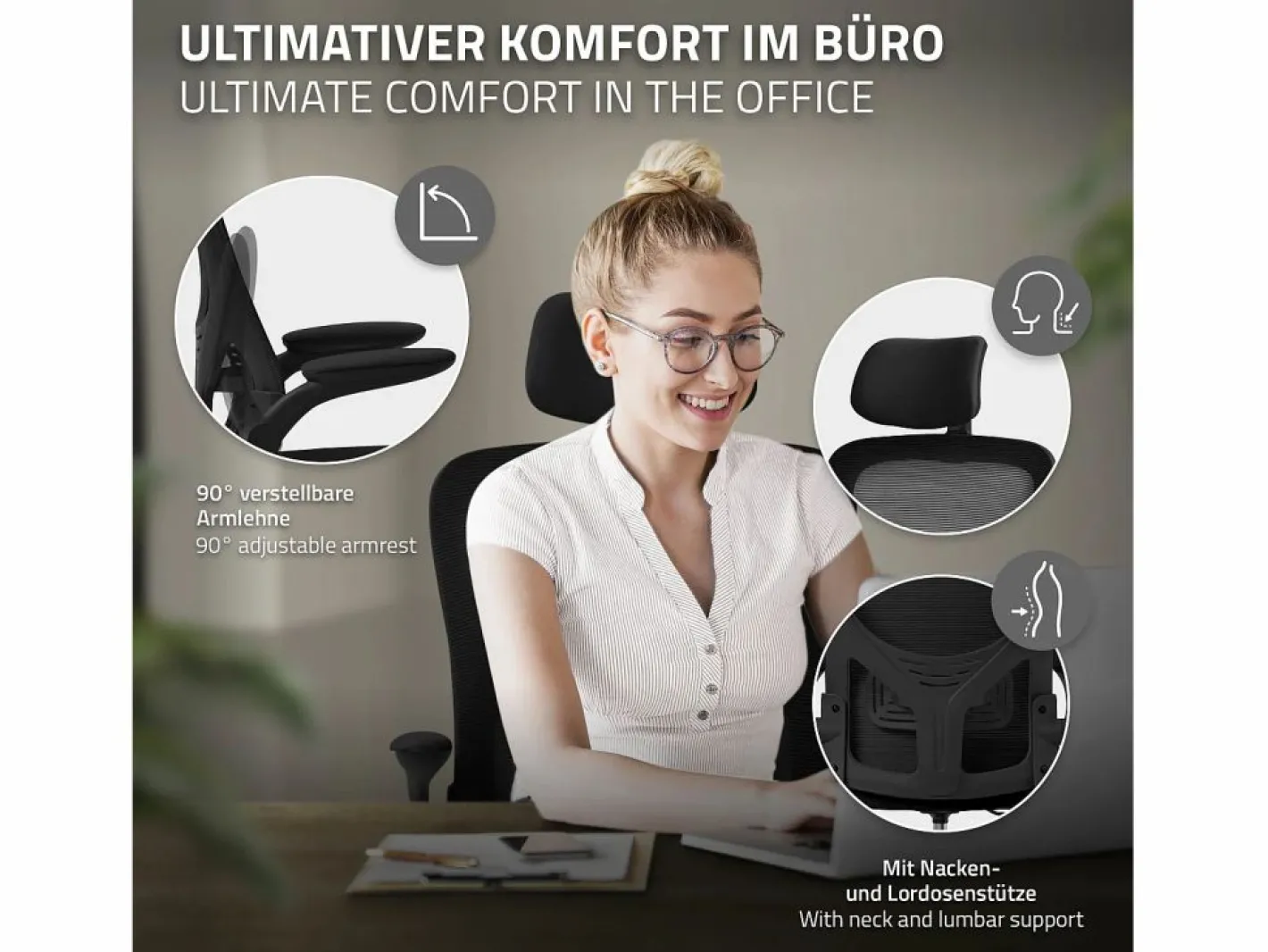 ML-DESIGN Silla de oficina ergonomica, asiento ordenador regulable con reposacabezas Negro Clearance