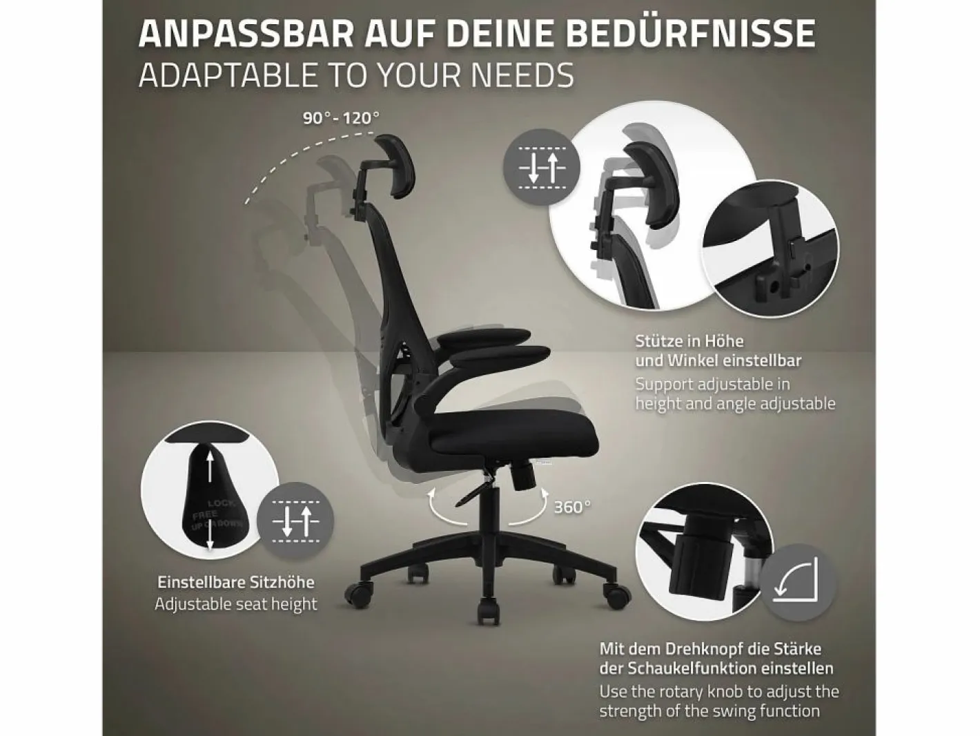 ML-DESIGN Silla de oficina ergonomica, asiento ordenador regulable con reposacabezas Negro Clearance
