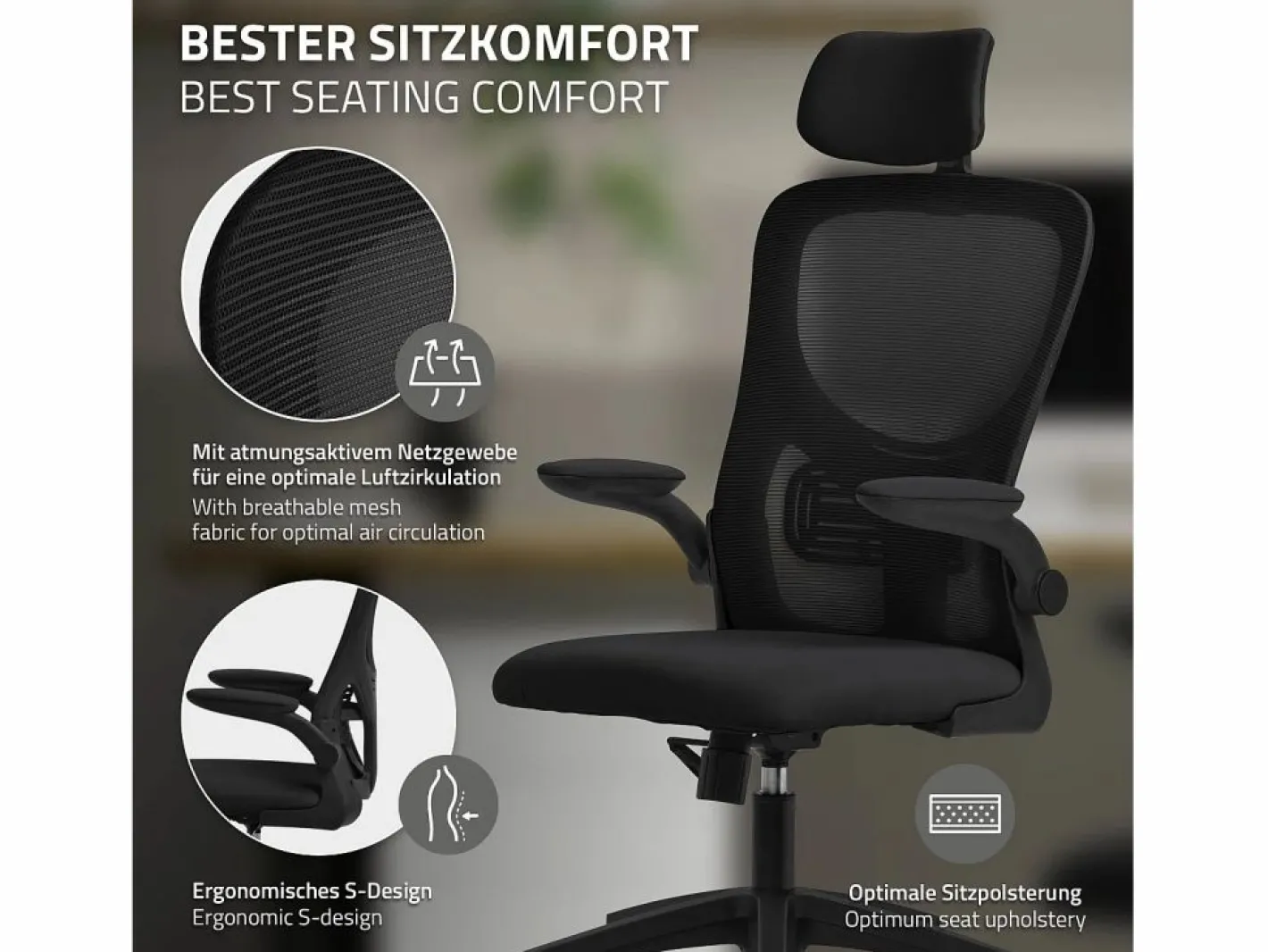 ML-DESIGN Silla de oficina ergonomica, asiento ordenador regulable con reposacabezas Negro Clearance