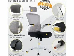 Silla de oficina Silla ergonómica Soporte lumbar con reposabrazos y reposacabezas oscilante, y gris - ZIK Blanco Discount
