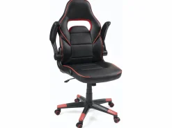 Kayelles Silla gamer de cuero sintético, asiento reclinable y giratorio, reposabrazos acolchados abatibles, ruedas suaves BAJA (negro-rojo) Negro / Rojo