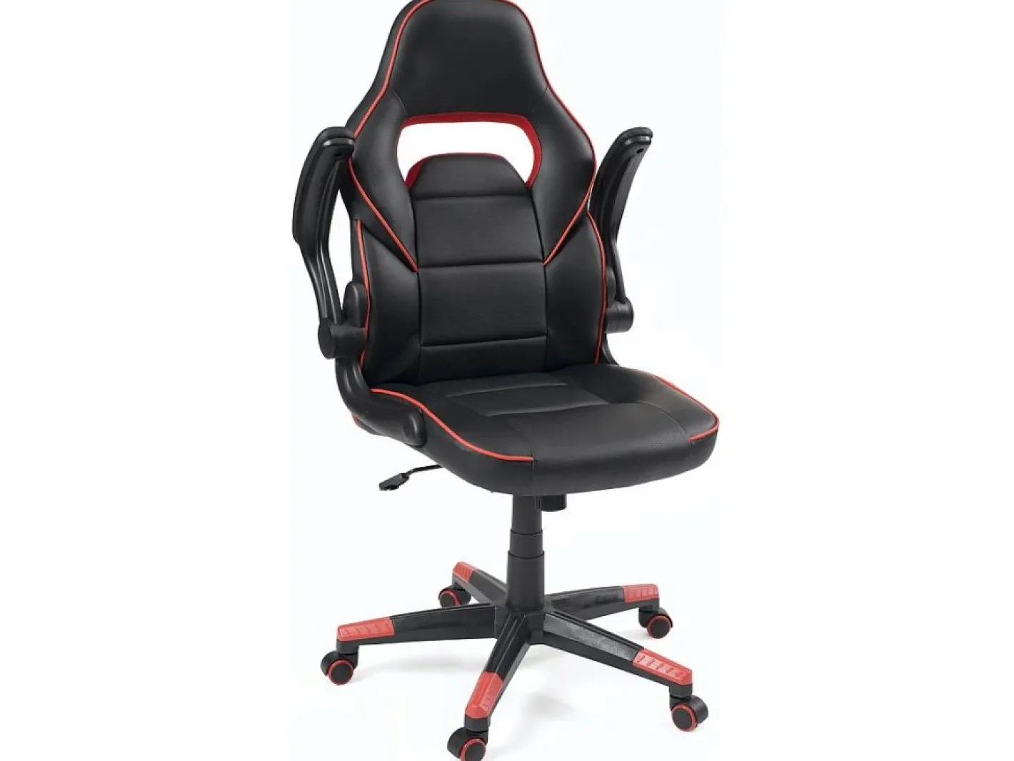 Kayelles Silla gamer de cuero sintético, asiento reclinable y giratorio, reposabrazos acolchados abatibles, ruedas suaves BAJA (negro-rojo) Negro / Rojo
