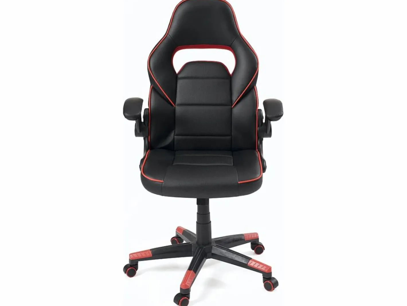Kayelles Silla gamer de cuero sintético, asiento reclinable y giratorio, reposabrazos acolchados abatibles, ruedas suaves BAJA (negro-rojo) Negro / Rojo
