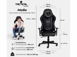 MAXPODIUM Silla Gaming|Silla gamer ergonómica, ajustable en altura, soporta 150 kg – Tactical, Negra