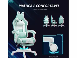 Homcom Silla gaming Cat 2 cojines + reposapiés turquesa 116-124x65x62 cm Gris claro Hot