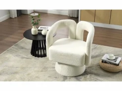 Silla giratoria 360°, sillón giratorio en tejido bouclé, sillón lounge con reposabrazos, sillón relax de respaldo alto con apoyabrazos^