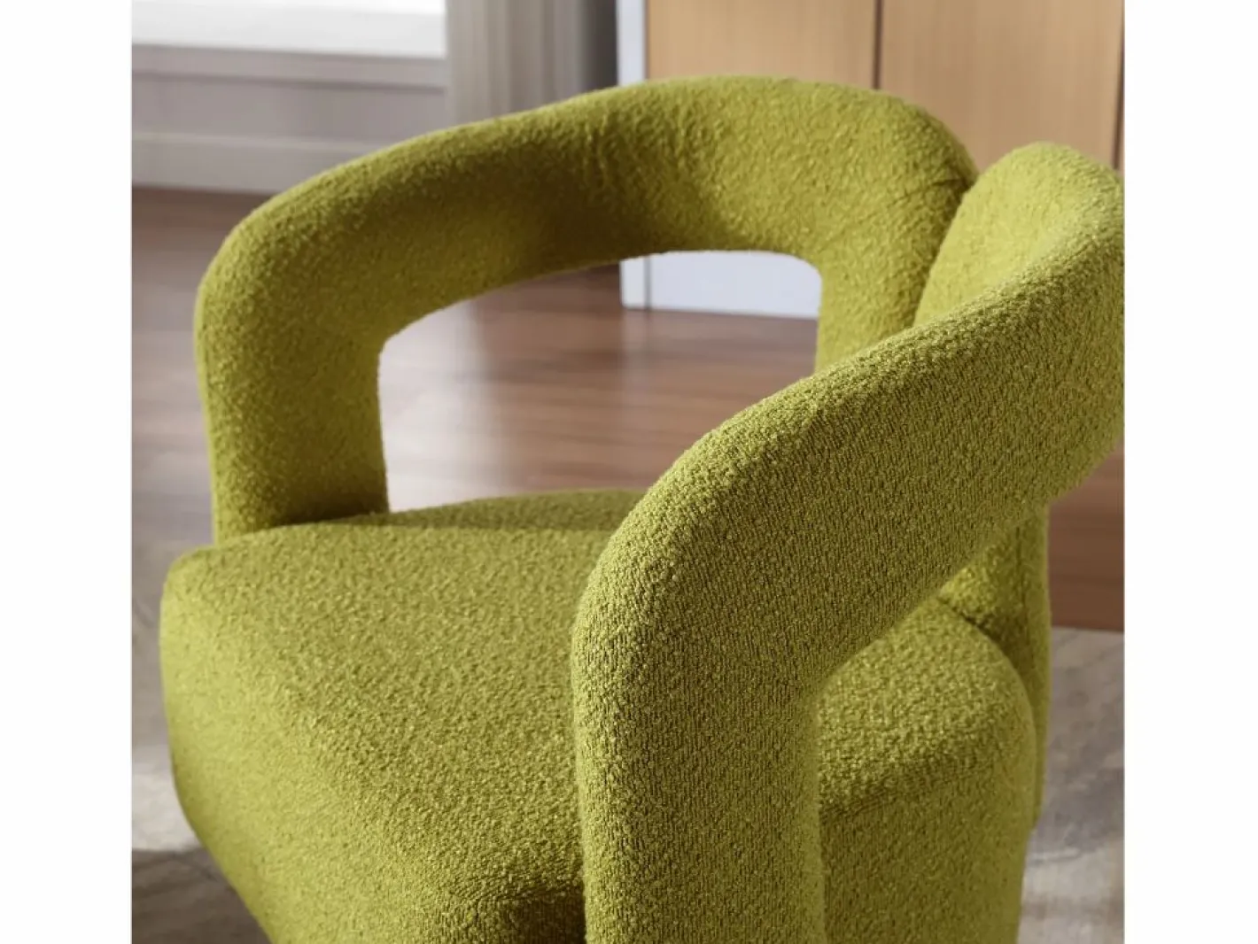 Silla giratoria 360°, sillón giratorio en tejido bouclé, sillón lounge con reposabrazos, sillón relax de respaldo alto con apoyabrazos^
