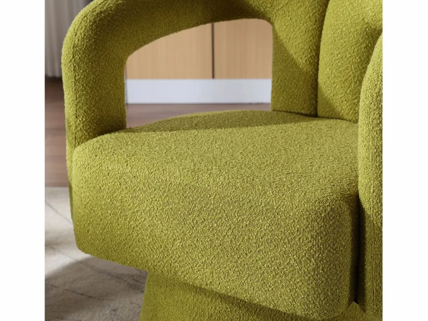 Silla giratoria 360°, sillón giratorio en tejido bouclé, sillón lounge con reposabrazos, sillón relax de respaldo alto con apoyabrazos^