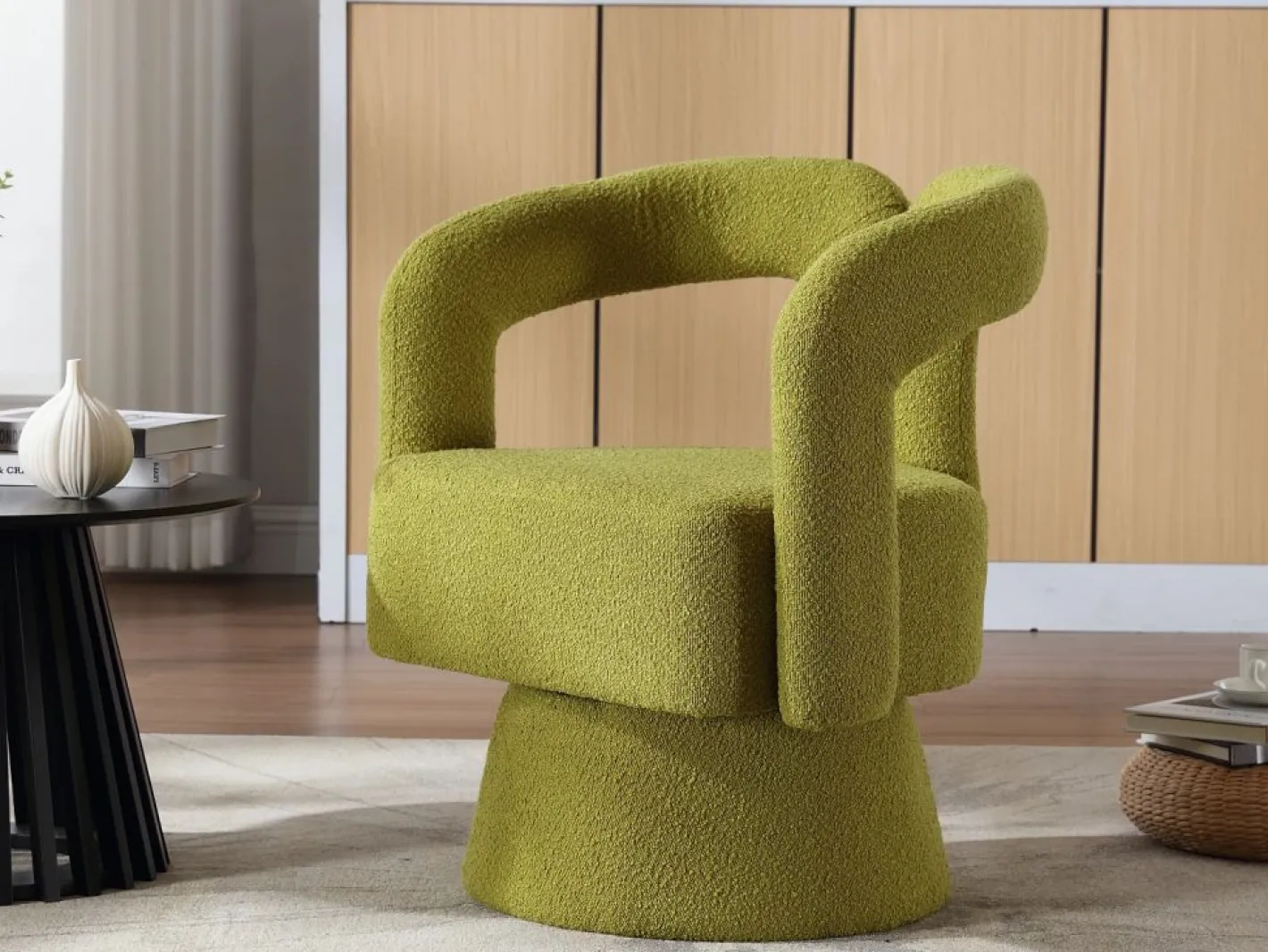 Silla giratoria 360°, sillón giratorio en tejido bouclé, sillón lounge con reposabrazos, sillón relax de respaldo alto con apoyabrazos^