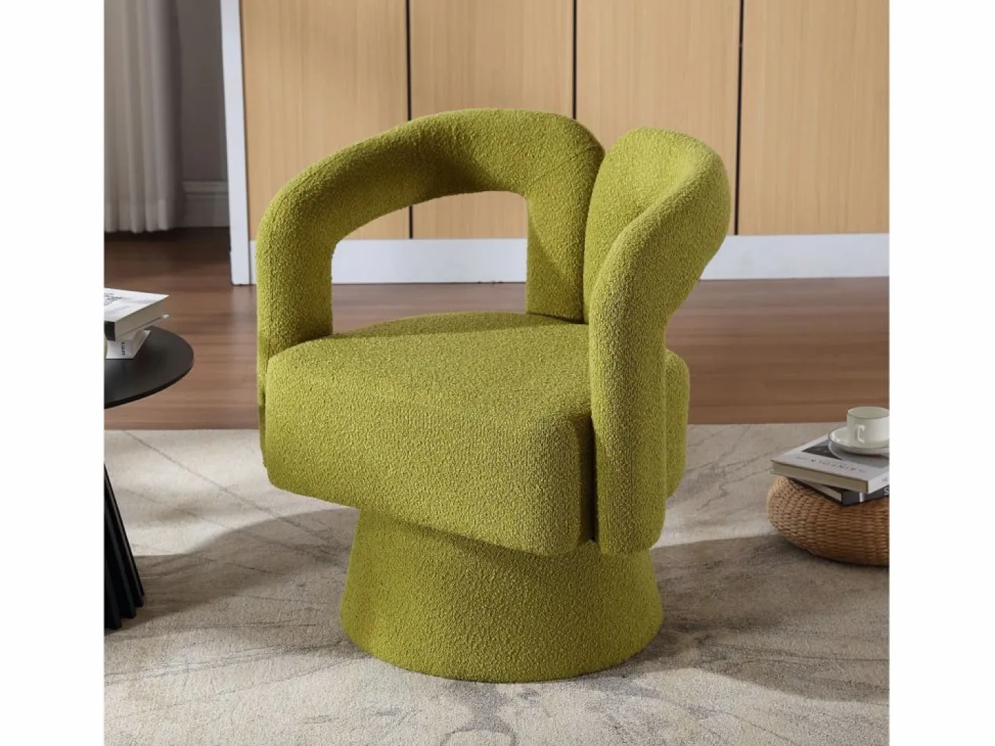 Silla giratoria 360°, sillón giratorio en tejido bouclé, sillón lounge con reposabrazos, sillón relax de respaldo alto con apoyabrazos^