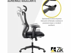 Silla giratoria de oficina ergonómica con reposabrazos, reposacabezas y soporte lumbar, ajustable, silla de escritorio de tela, - ZIK Negro Sale