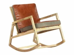 vidaxl Silla mecedora de cuero auténtico y madera mango maciza marrón Marru00f3n Sale