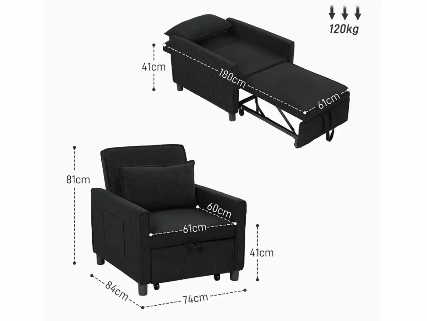 Sillón cama 3 en 1 con función reclinable, tela, (84x74x81 cm) Negro Clearance