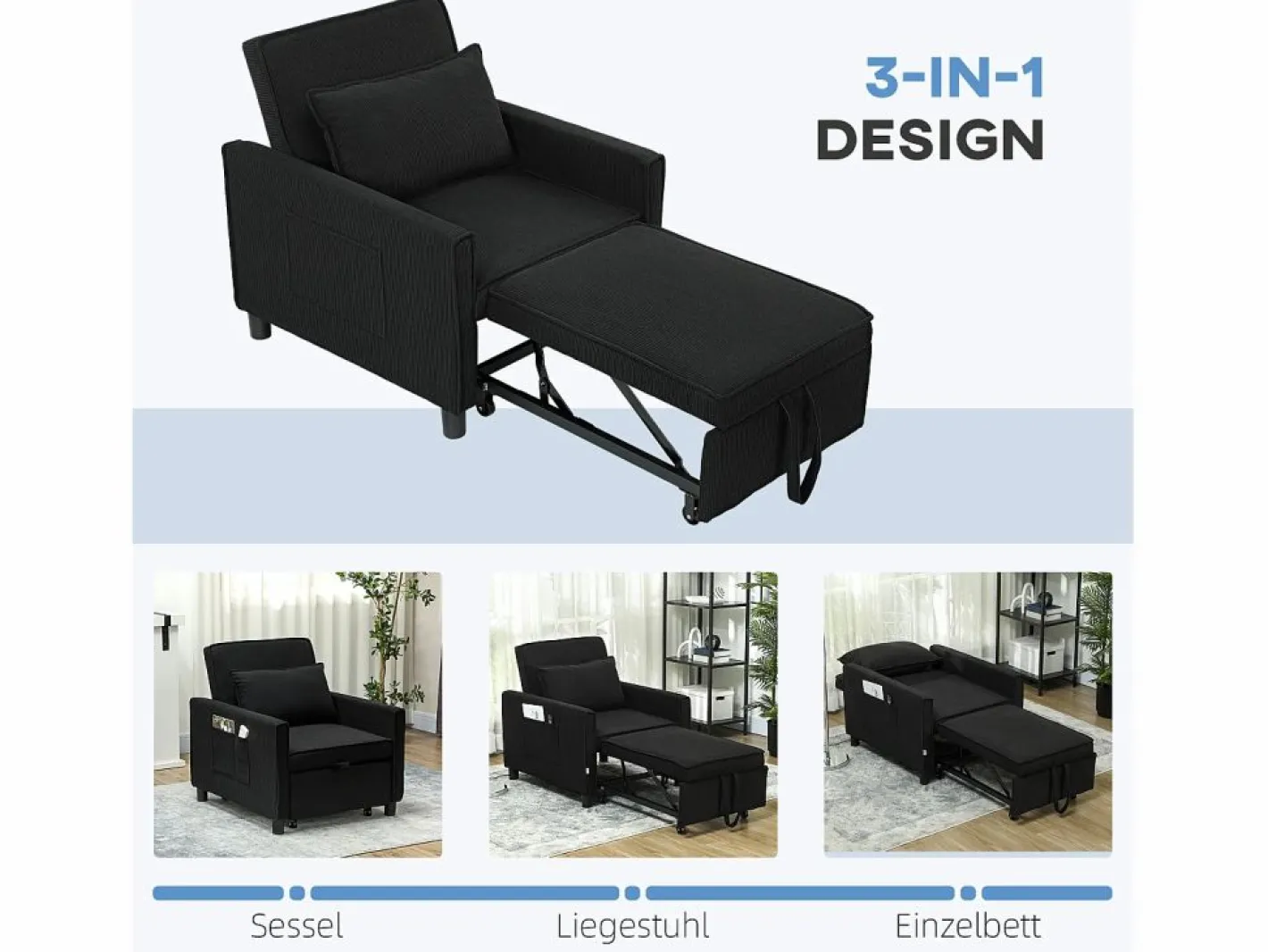 Sillón cama 3 en 1 con función reclinable, tela, (84x74x81 cm) Negro Clearance