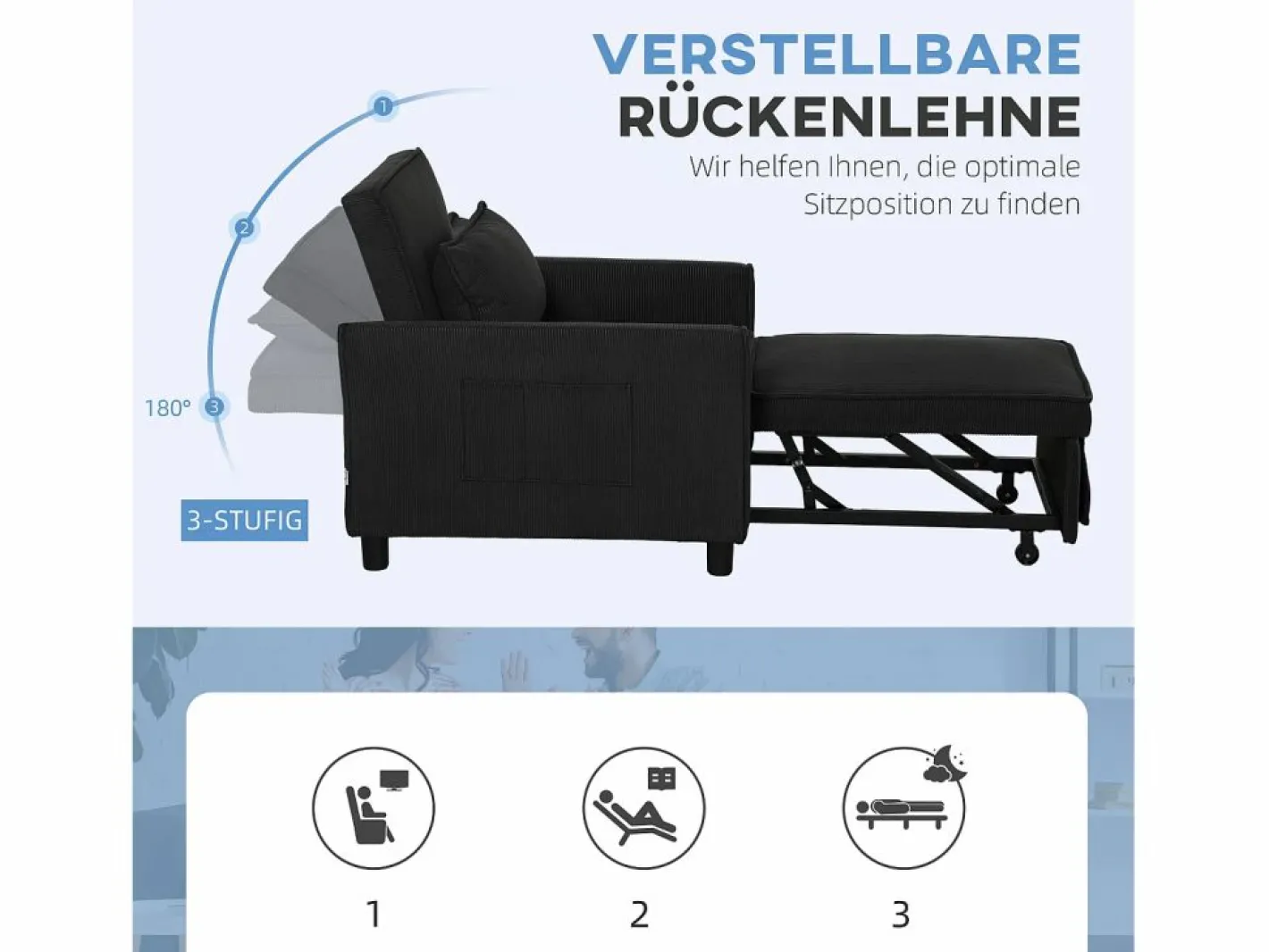 Sillón cama 3 en 1 con función reclinable, tela, (84x74x81 cm) Negro Clearance