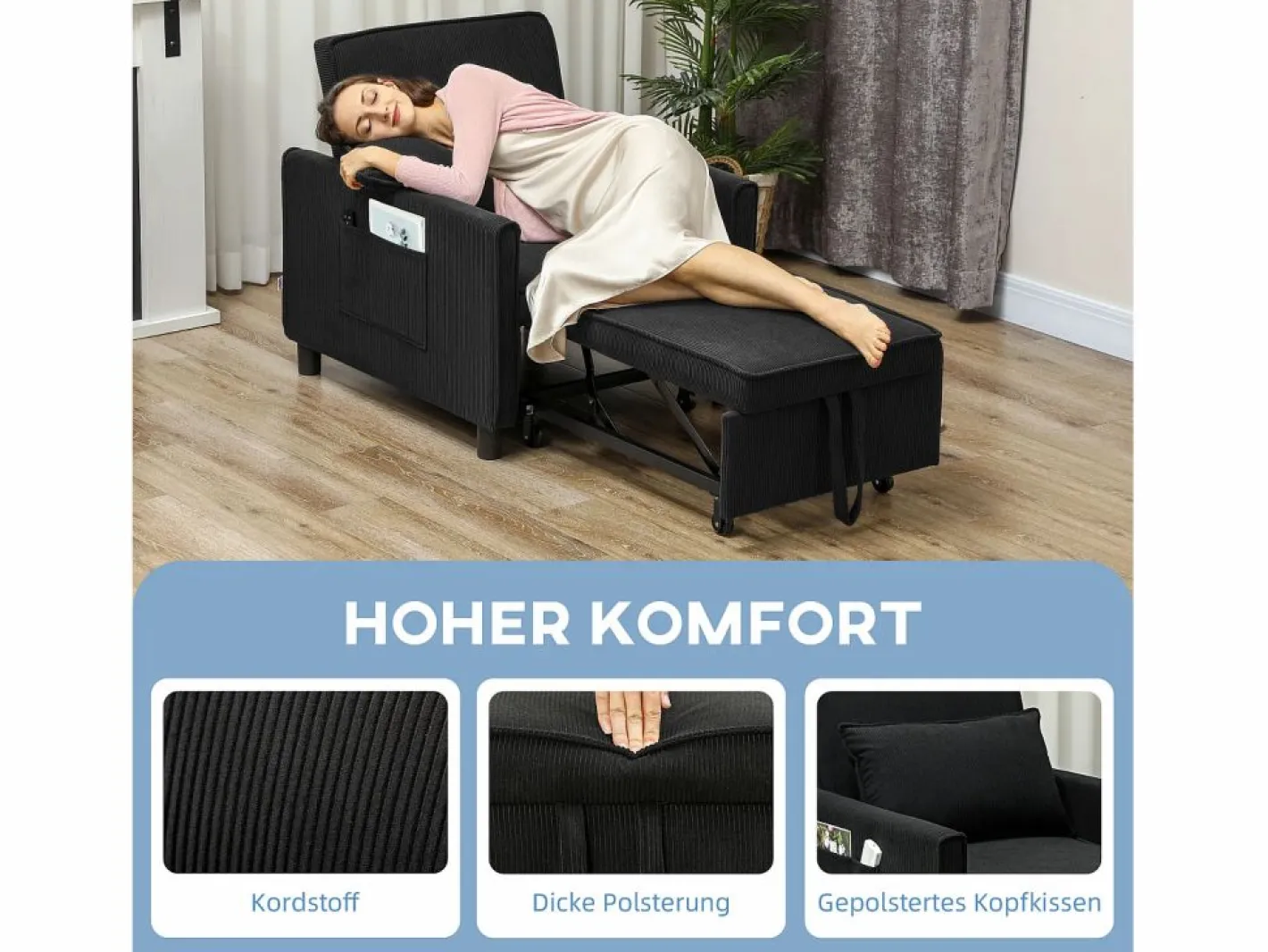 Sillón cama 3 en 1 con función reclinable, tela, (84x74x81 cm) Negro Clearance