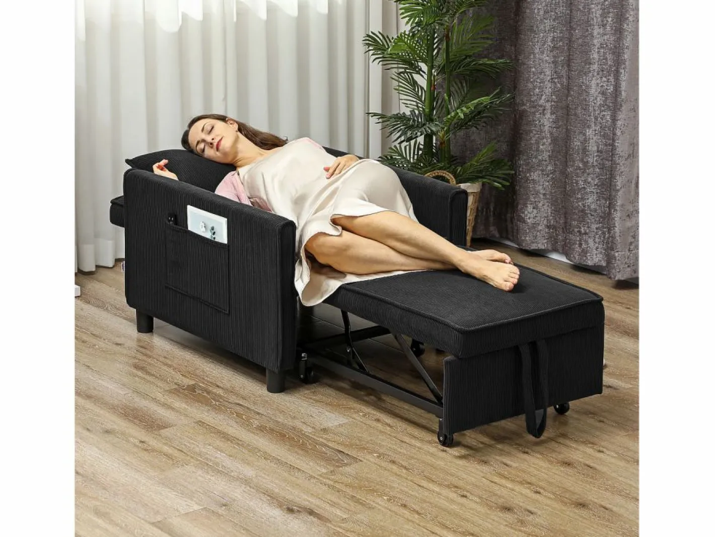 Sillón cama 3 en 1 con función reclinable, tela, (84x74x81 cm) Negro Clearance
