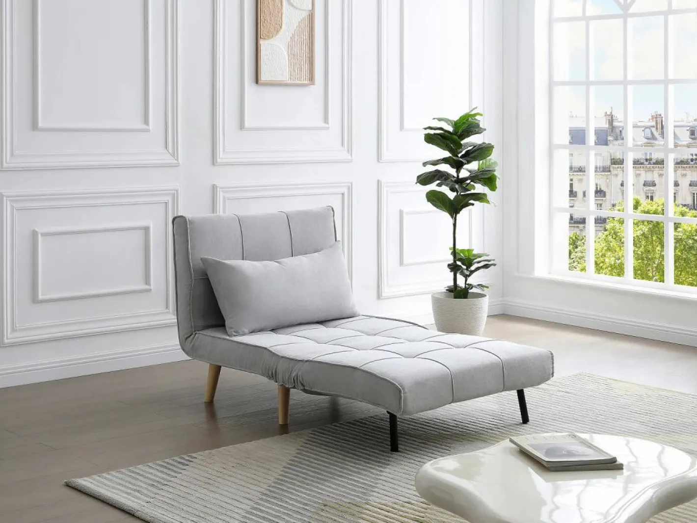 Vente-unique Sillón cama en tela y patas de madera CHILA Gris claro New
