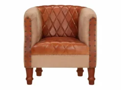 Sillón cúbico de cuero auténtico y madera maciza mango marrón^Clicnbuy Sale