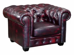 LINEA SOFA Sillón|Sillón De Piel|Sillón chesterfield 100% de piel color cereza BRENTON