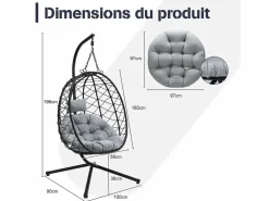 Sillón colgante HOMEMIYN con cojín, silla hamaca con soporte metálico negro, cojín o beige, ideal para jardín y balcón en primavera^
