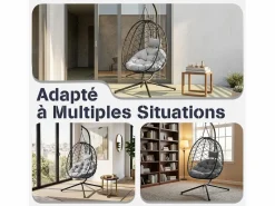 Sillón colgante HOMEMIYN con cojín, silla hamaca con soporte metálico negro, cojín o beige, ideal para jardín y balcón en primavera^