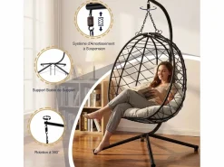 Sillón colgante HOMEMIYN con cojín, silla hamaca con soporte metálico negro, cojín gris o beige, ideal para jardín y balcón en primavera^