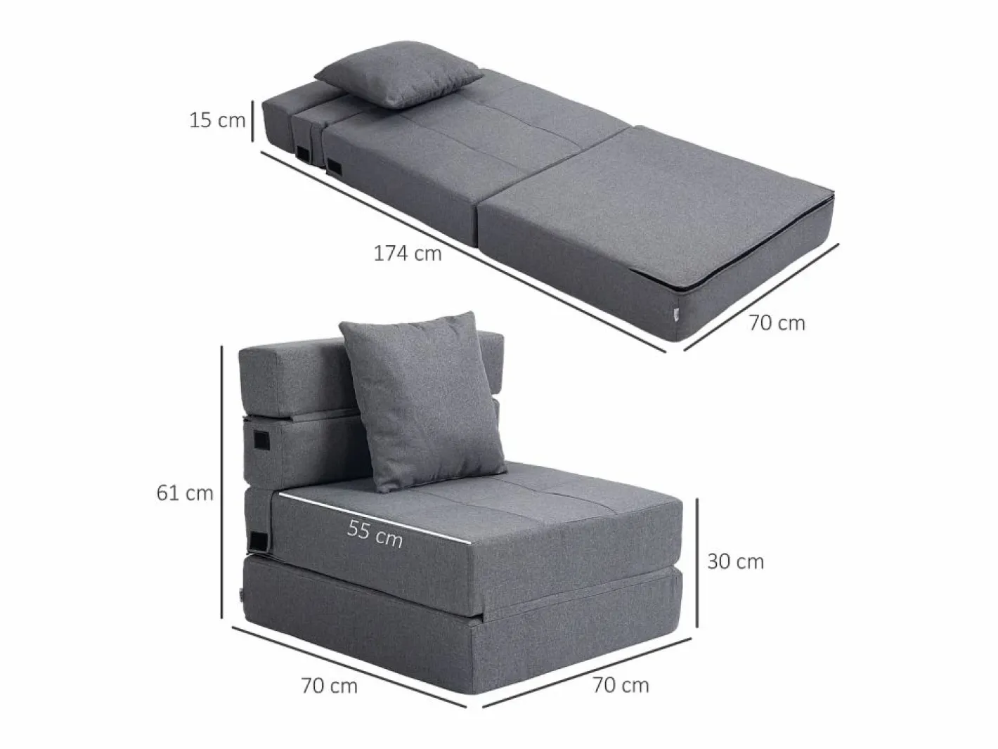 Sillón Cama|Sillón convertible 2 en 1 con función cama, espuma, oscuro (70x70x61cm)