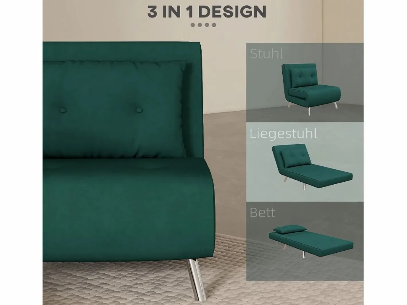 Sillón convertible 3 en 1 con cojín, tejido de terciopelo, patas de acero, oscuro (77x88x83cm)^ Clearance