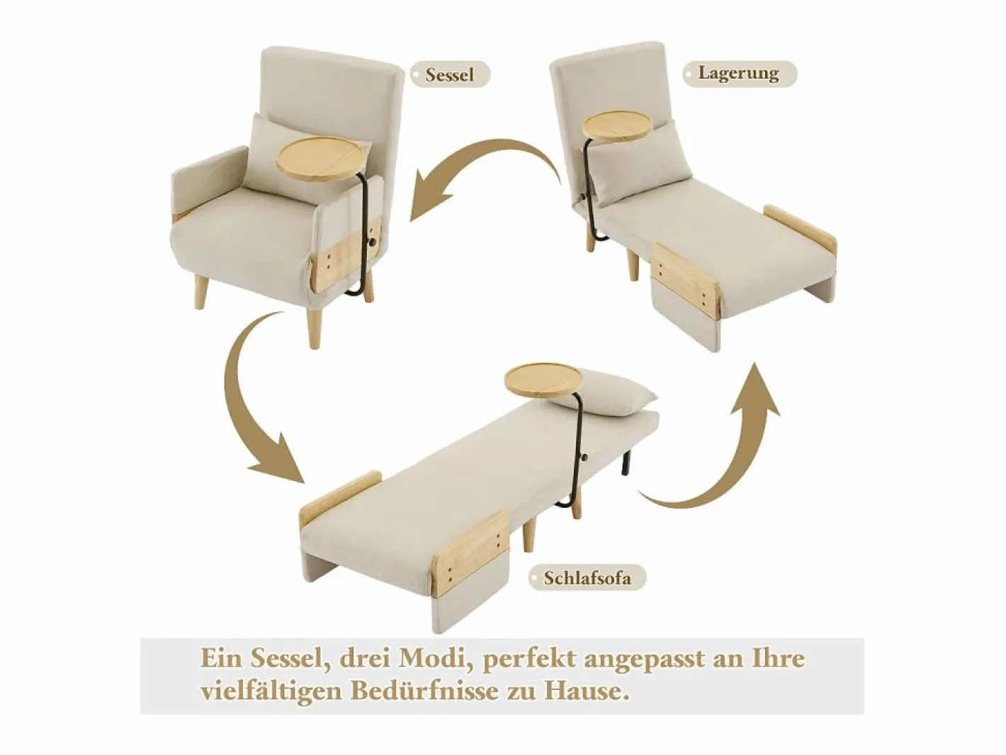 Hauss Spole Sillón convertible 3 en 1 con función cama - Cojín y base de madera - Tejido de lino Beige Online