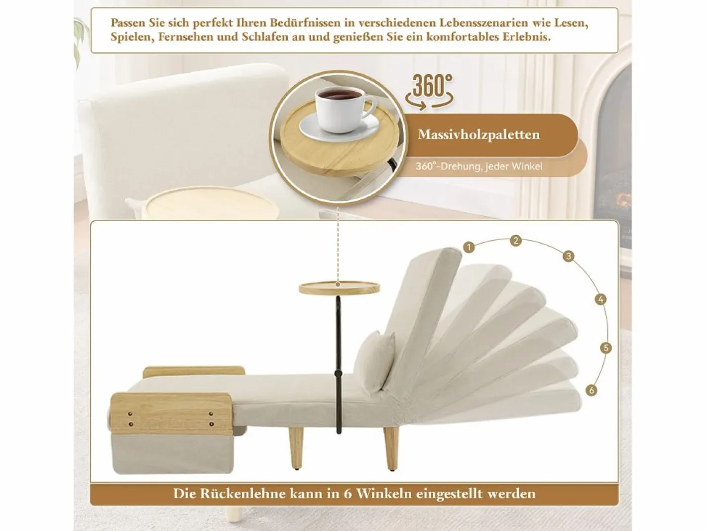 Hauss Spole Sillón convertible 3 en 1 con función cama - Cojín y base de madera - Tejido de lino Beige Online