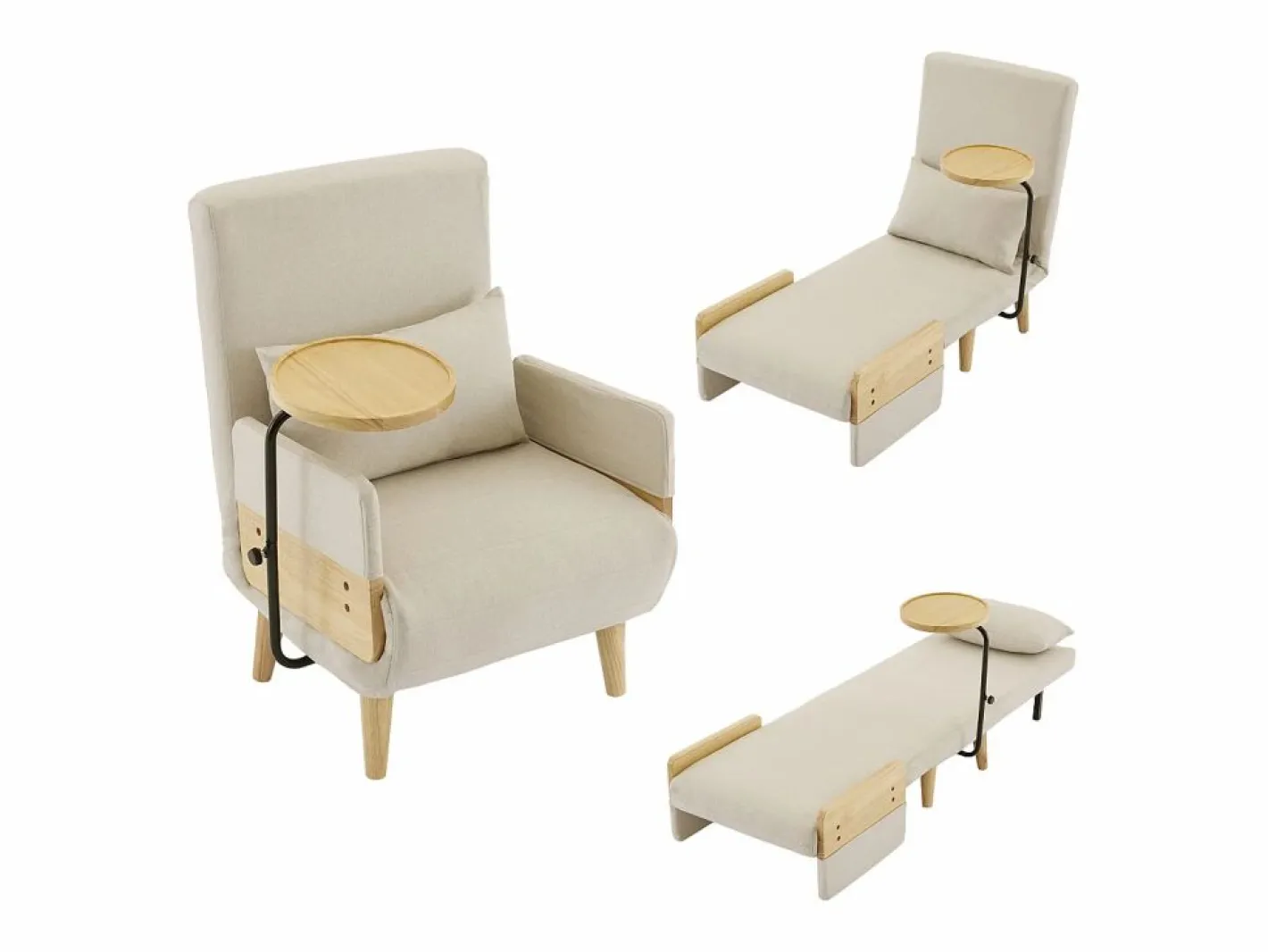 Hauss Spole Sillón convertible 3 en 1 con función cama - Cojín y base de madera - Tejido de lino Beige Online