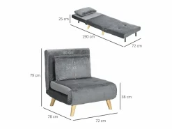 Sillón convertible con cojín, respaldo regulable en 6 posiciones, terciopelo (72x78x79cm)^